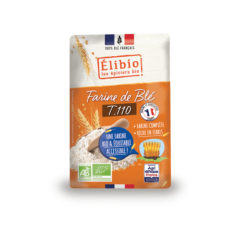 Farine de blé complete T 110, 100% France, 1 kilo, Elibio