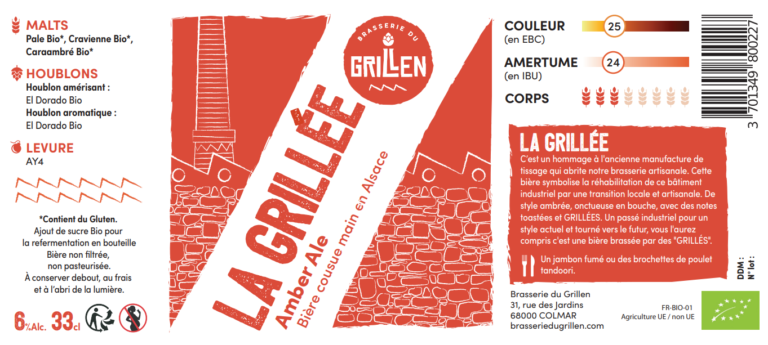 Bière Ambrée Bio Artisanale, La Grillée 75cl, Amber Ale, Brasserie du Grillen d'Alsace