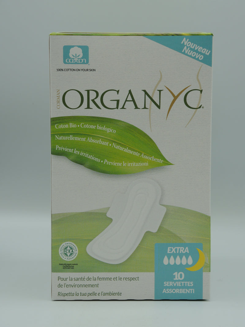 Organyc Serviettes Extra, pour la nuit et les flux très abondants, x10