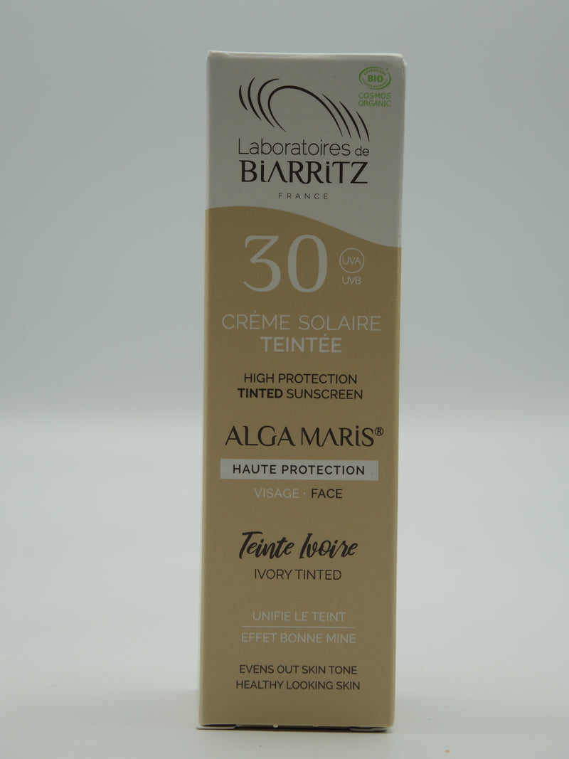 CRÈME SOLAIRE VISAGE TEINTÉE SPF30 CERTIFIÉE BIO, Teinte ivoire, 50ml, Laboratoires de Biarritz