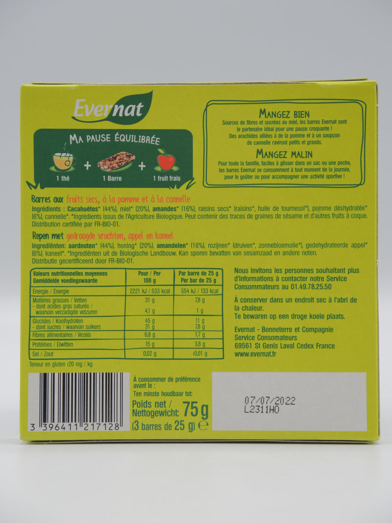 Barres pomme cannelle, 3x25g, Evernat