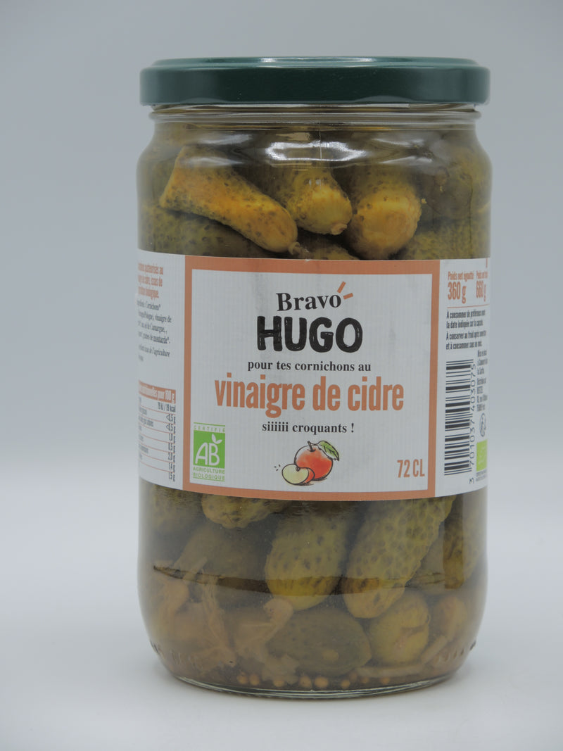 Cornichons de France,  au vinaigre de cidre, 72cl, Bravo Hugo