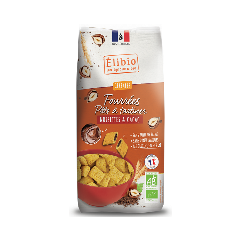 Céréales fourrées pâte à tartiner noisettes et cacao, 375g, Elibio