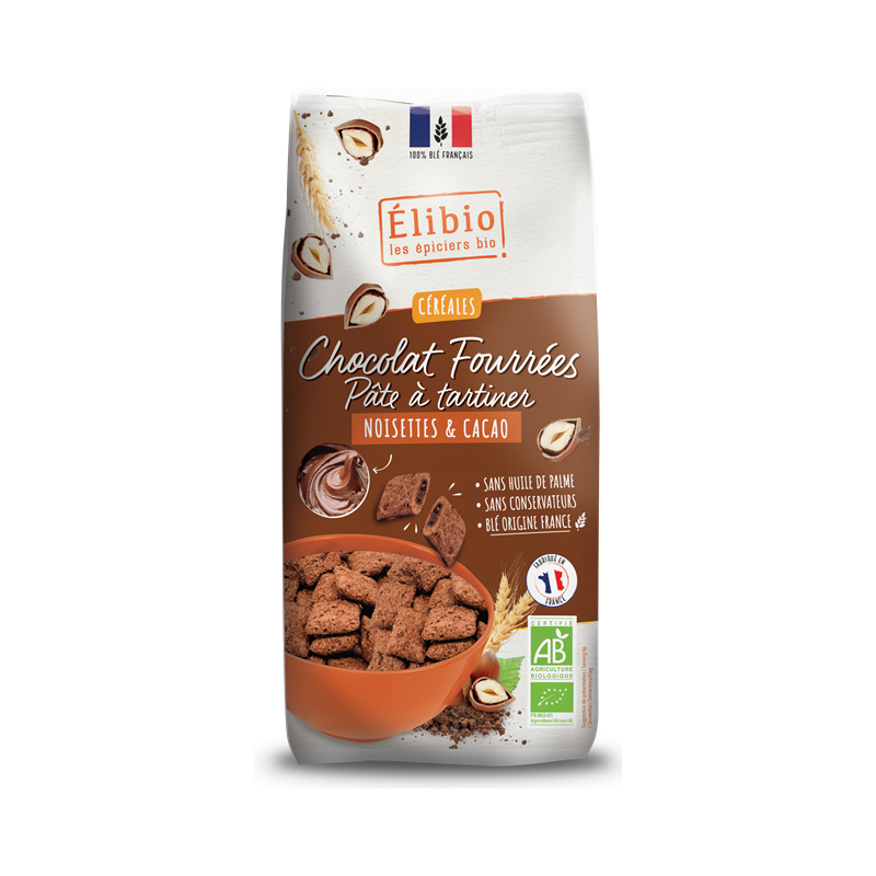 Céréales au chocolat fourrées pâte à tartiner noisettes et cacao, 375g, Elibio